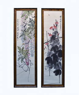 QI BAISHI, SET OF 2 FRAMED FLORAL AND INSECT PAINTING: Qi Baishi (1864-1957), Set of two Chinese ink and color on paper, circa 1947. Hand painted in bright colors, and vigorous strokes, fresh and lively manner, expressed nature and life, one depicted wist