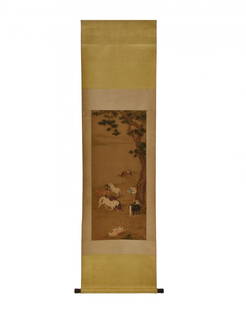 LANG SHINING, QING HORSE SILK PAINTING SCROLL: Lang ShiNing, aka Giuseppe Castiglione, (Italian, 1688-1766), Chinese Qing Dynasty, watercolor on silk, hanging scroll. A masterpiece hand painting combined elements with Western art of shading and at