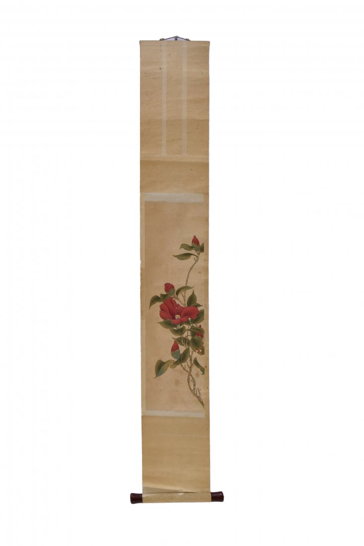 CHINESE WATERCOLOR SCROLL PAINTING OF CAMELLIA BLOOMS (1 of 10)