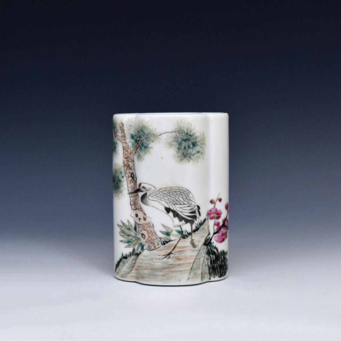 20TH C FAMILLE ROSE BRUSH POT IN CRANE & 3 FRIENDS (1 of 10)