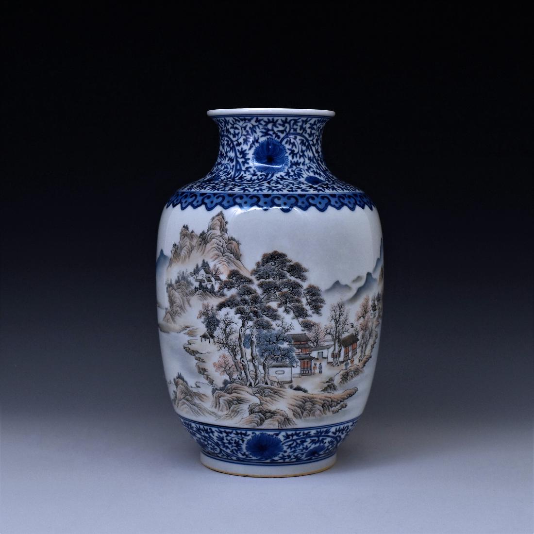 QING OPEN FACE PANORAMIC VASE: Chinese porcelain potted with tall cylindrical body, rounded shoulder gently tapered toward waisted prominent neck leading to flaring rim, raised upon potted base. The body hand painted in continuous
