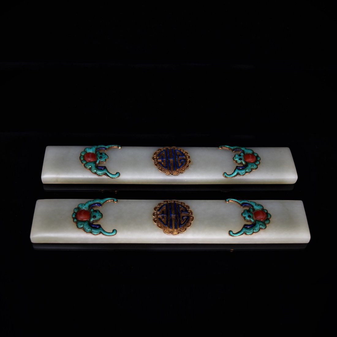 PAIR OF CELADON JADE INLAID  PAPER WEIGHT (1 of 10)