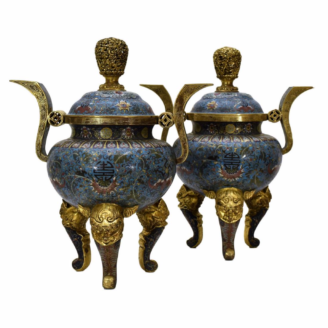PAIR OF GILT BRONZE & CLOISONNE COVERED TRIPOD CENSERS (1 of 12)