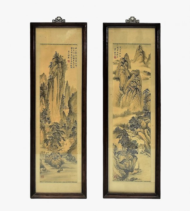 SET OF 2 FRAMED CHINESE LANDSCAPE PAINTINGS (1 of 14)