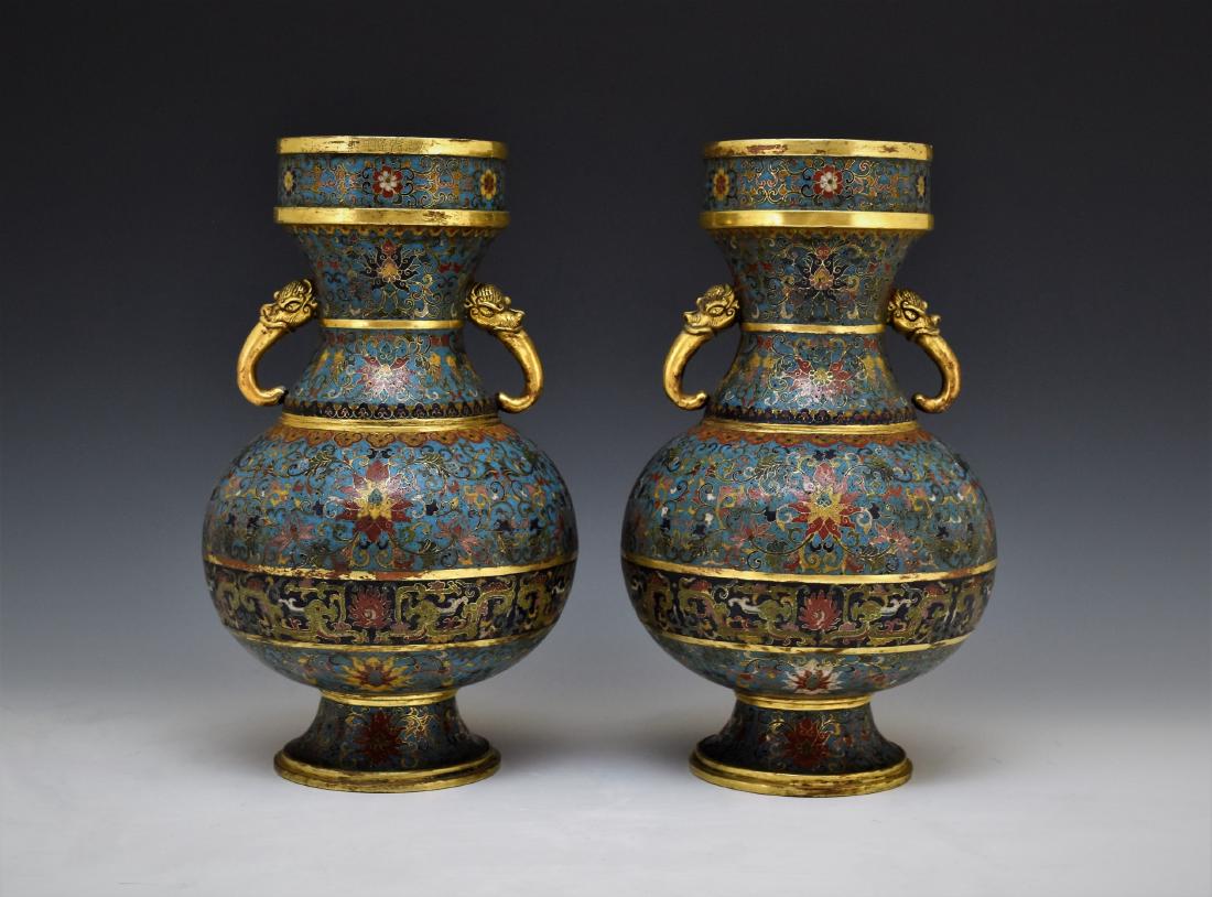 PAIR OF GILT BRONZE CLOISONNE ENAMEL VASES (1 of 8)