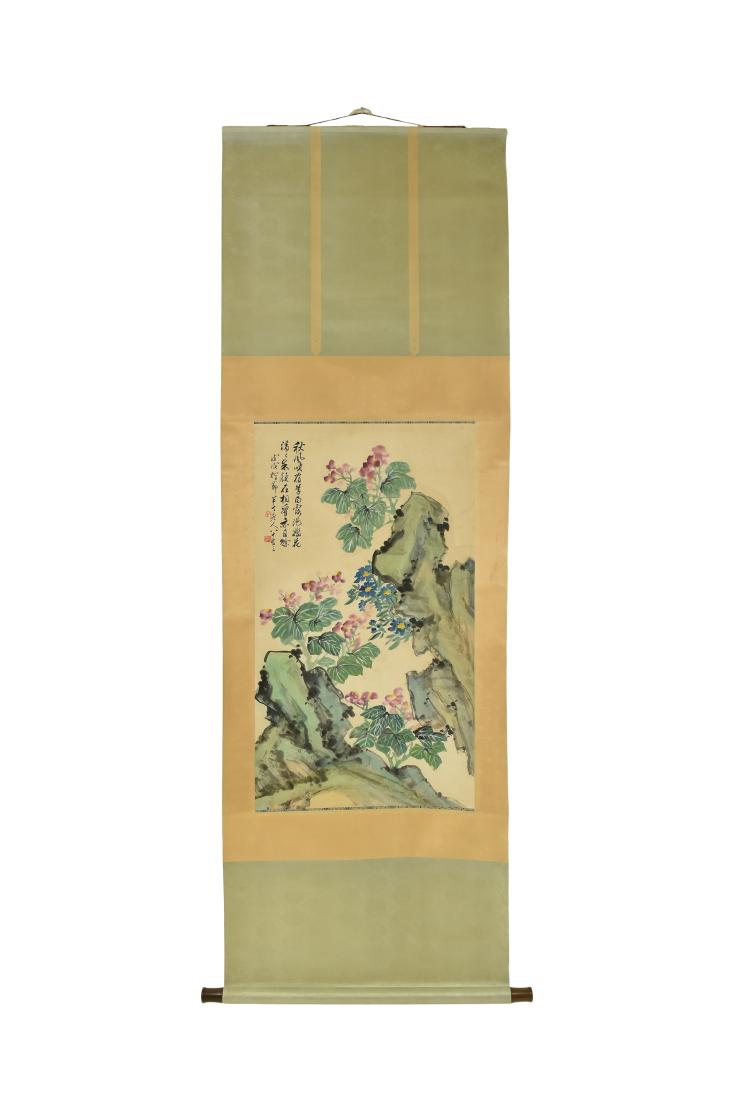CHINESE SCHOOL, FLORAL & ROCKWORK  PAINTING SCROLL (1 of 8)