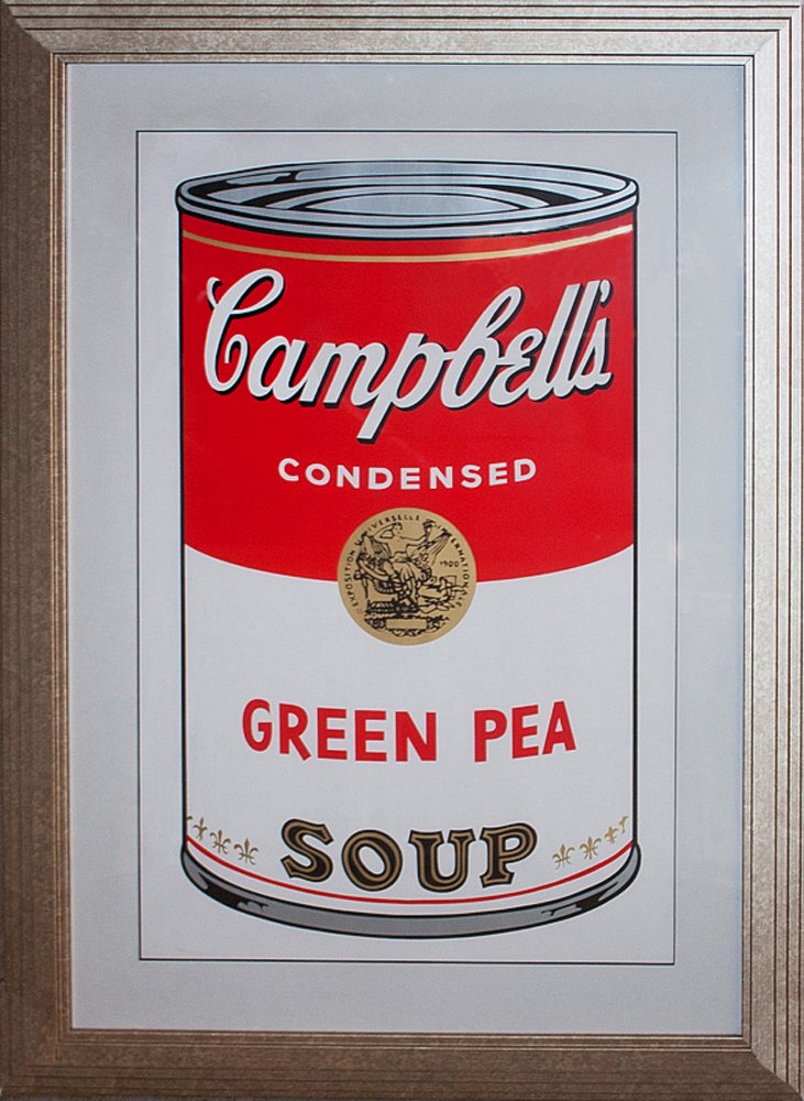 Andy Warhol Cambell's Soup - Green Pea Serigraph: Green Pea Soup by Andy Warhol Published by Sunday B. Morning Serigraph. This piece comes framed. Serigraph-Sunday B Morning. Silkscreen in Colors. Approx 30x40 inches. Includes certificate of authenti