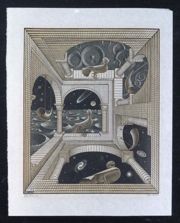ESCHER, M.C. Title: "Other World" woodc: ESCHER, M.C. Title: "Other World" woodcut printed in olive, green and black on Japon paper,1947, signed in pencil by the artist, inscribed eigen druk, , , Size info: , , , Condition: In generally ver