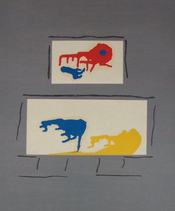 ERNST, MAX: Cologne 1891- 1976 Paris (German), Title: "La Liberte detruite par L'Abscence / The Destroyed Freedom by Absence" , Color photo Lithograph on Japan nacre paper.,1969, signed in pencil by the artist , 