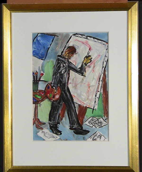 MARIN-PRICE, JAMIE: , Title: "Artist at Easel", mixed media on paper,,c 2002, signed by the artist, "Jamie",, , , , Size info: 20 by 14 in. (51 x 31 cm.), , , Condition: In very fine condition, excellent frame. Framing: 