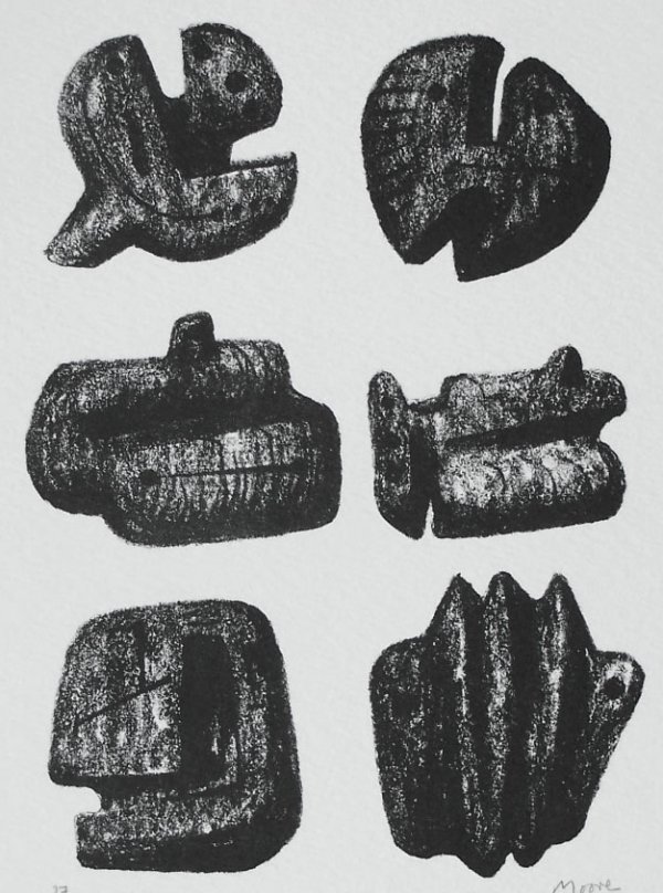 MOORE, HENRY: Castleford 1898 - 1986 Perry Green (British), Title: "Six Stones", lithograph printed on T.H.Saunders wove paper,1973, signed and dated in pencil by the artist,, numbered in pencil at the lower left c