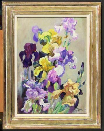 TACSHKENT: , Title: "Irises", oil on cardboard panel,1994, signed lower right, signed and titled verso,, , , , Size info: 27 x 19 in. (69 x 48 cm.), , , Condition: In very fine condition, excellent frame. Framin