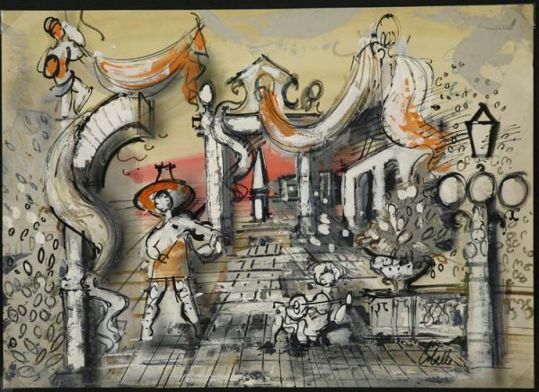 COBELLE, CHARLES: American (1902-1994), Title: '(Musicians in Plaza)', mixed media, watercolor, gouache/acrylic on paper,, c. 1975, signed by the artist, , , , , Size info: ,sheet: 20