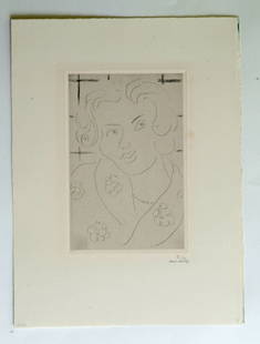 MATISSE, HENRI: French 1869-1954, Title: "Buste, robe fleurie",, etching on chine applique on Arches vellum,,1929, signed in ink by the artist on lower right, , numbered 12/15 in ink by