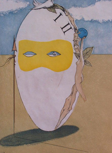 LAVENTHOL, HANK, Philadelphia 1927 - 2001 (Ame: Title: (Surrealistic Composition with Egg and Dove), Original Etching and Aquatint in colors on Japan paper. , c. 1975, Hand signed in pencil at the lower right margin "Hank Laventhol", as well as han