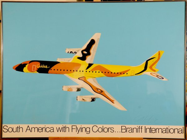 CALDER, ALEXANDER, American 1898-1976,: Title: "South America with Flying Colors," for Braniff International,, lithograph in colors,,1973, signed by the artist in ballpoint pen, lower right, full signature,, , , , Size info: ,sheet: 43 by 3