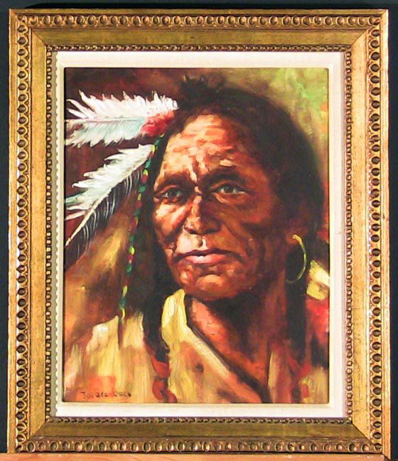 GRANDEE, JOE RUIZ, American b. 1929,: Title: "Native American Warrior", oil on canvas,, c. 1970, signed lower left, , , , , Size info: 20 by 16 in. (51 x 41 cm.), , , Framing: Sold framed, ,