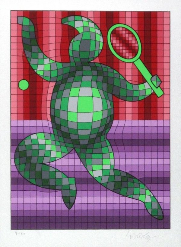 VASARELY, VICTOR, Hungarian 1908-1907,: Title: "Tennis Player", screenprint printed in colors,, c. 1990, signed in pencil by the artist,, numbered 5/35 E.A., aside from the numbered edition of 200,, . , , Size info: ,sheet: 18 x 14 1/2 in..