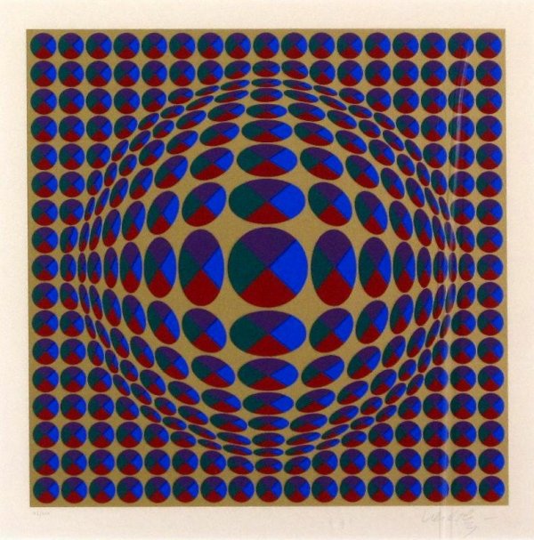 VASARELY, VICTOR, Hungarian 1908-1907,: Title: (untitled), screenprint printed in colors,, c. 1990, signed in pencil by the artist,, numbered 115/250,, . , , Size info: , ,plate size: 16 x 16 in. (40.5 x 40.5 cm., Framing: Fr