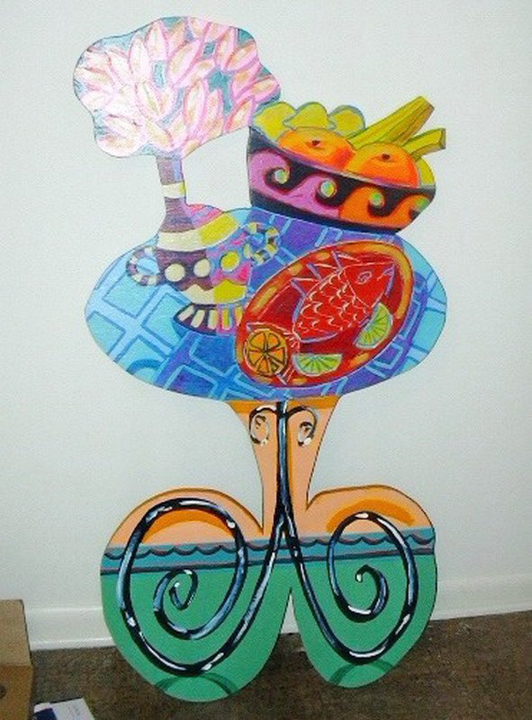 WATT, AMANDA, Irish b 1960,: Title: "Still Life and Table", acrylic on wood cut out, 1994, signed on back by artist, , , , Size info: 47 x 24 in (119.5 x 61cm), , , Framing: sold unframed, ,