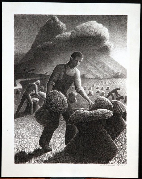 WOOD, GRANT, American 1891-1942,: Title: "Approaching Storm", lithograph,1940, signed in pencil by the artist, from the edition of 250,as published by Associated American Artists, New York, , Size info: 11 3/4 x8 7/8 in (30.2 x 22.5 c