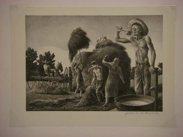 DE MARTELLY, JOHN S., American, 1903 - 1979,: Title: "While the Sun Shines" Lithograph 1943 signed in pencil lower right from the recorded edition of 250 as published by Associated American Artists New York Size info: sheet: 12 1/8 x 16 5/8 plate