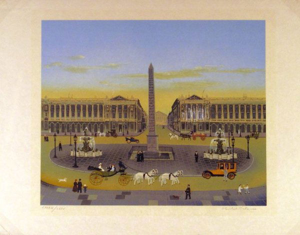 DELACROIX, MICHAEL, 20th century,: Title: "Place de la Concord" lithograph printed in colors on Japon paper c. 1990 signed in pencil by the artist numbered 88/125 in Roman numbers for the deluxe edition on Japon aside from a regular e