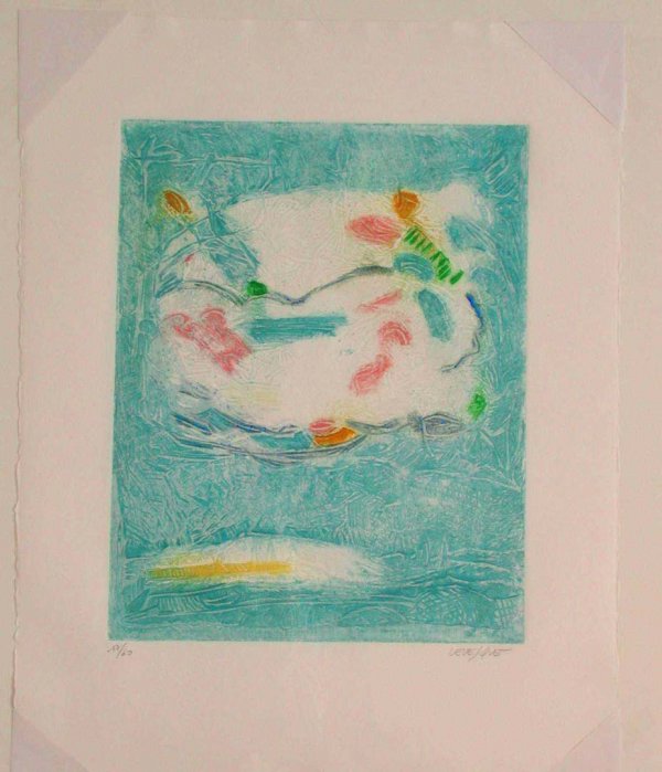 LEVESQUE, ERIK, French, b 1959,: Title: Les Dieux Carborundum etching in colors on Moulin de Gue paper c 1995 signed in pencil by the artist with the publisher's blindstamp lower left numbered 17 from the edition of 60 as published