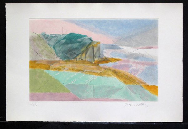 VILLON, JACQUES,: Title: (untitled) etching and aquatint printed in colors on wove paper c. 1955 signed in pencil numbered 19/60 Size info: sheet: 15 x 22 1/2 in.. (38 x 57 cm.) plate size: 10 3/8 x 16 3/4 (26 x 42.5