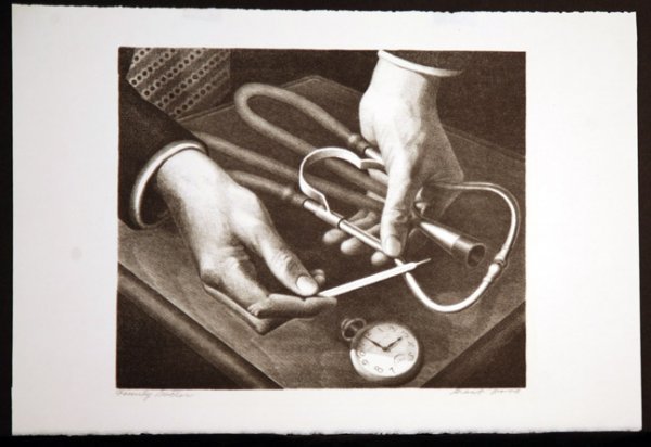 WOOD, GRANT, American 1891-1942,: Title: "Family Doctor" lithograph printed on wove paper 1940 signed in pencil and titled from the edition of 300 commissioned by the Associated American Artists for Abbott Laboratories New York and Ch