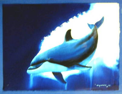 WYLAND, ROBERT, American b. 1956,: Title: "Dolphin Breath" watercolor on aquarelle arches embossed paper 1999 signed and dated by the artist Size info: sheet: 15 1/2 by 21 in. (39.5 x 52 cm.) Framing: Framed in acc