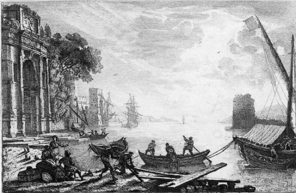17TH CENTURY FRENCH: LE LORRAIN (CLAUDE GELEE), : Title: "Soleil Conchaint" and "Le Bouvier" two works, etchings,,1664 and c. 1660, , ,As published in "100 etchings" by Lewis, c. 1880, , Size info: , ,plate size: 4 3/4 by 7 1/2 in.(12 x 19 cm. and 23