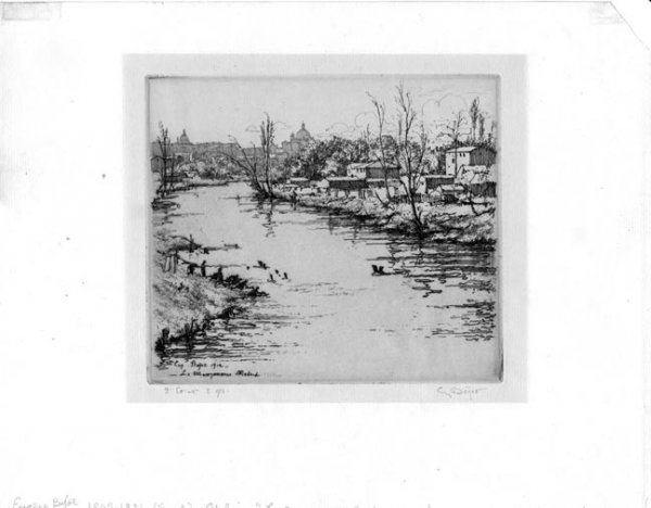 19-20TH CENTURY FRENCH : Title: "Le Manzemares, Madrid" by Bejot, Eugene and "Les Laveuses(washerwomen)" by Billet, P. two works, etchings,,1912 and c. 1880, the first pencil or ink signed and inscribed, the second with initi