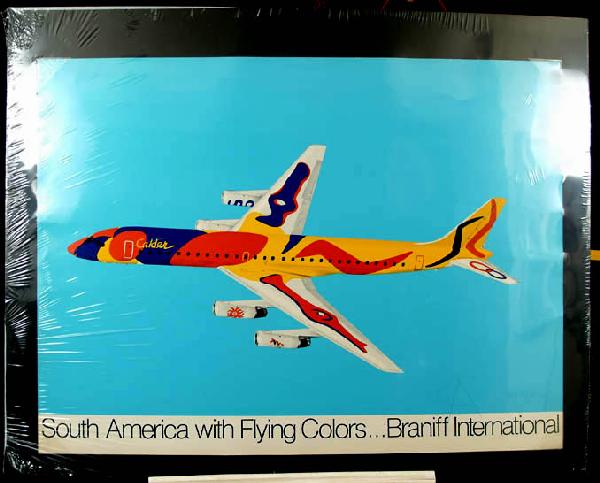 CALDER, ALEXANDER, American 1898-1976,: Title: "South America with Flying Colors," for Braniff International,, lithograph in colors,,1973, signed by the artist in ballpoint pen, lower right, full signature,, , , , Size info: ,sheet: ()43 by