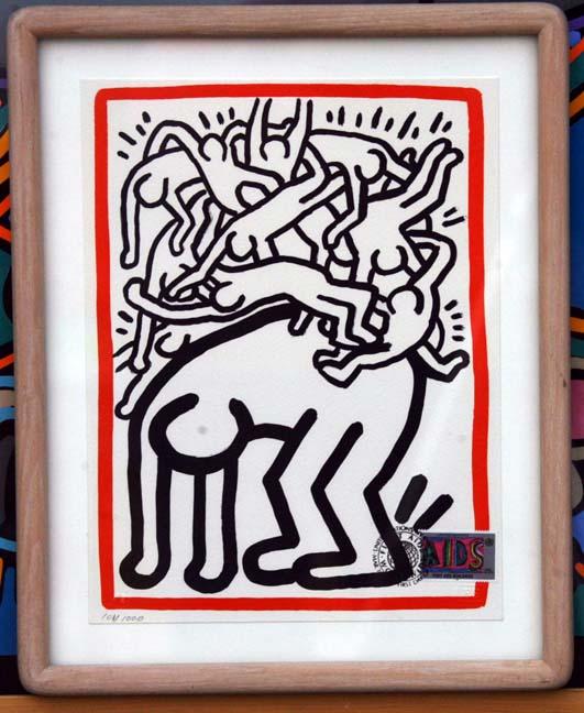 HARING, KEITH, American 1959-1990,: Title: "Untitled" from Fight Aids Worldwide UN stamp issue, lithograph on Arches paper bearing blind stamps of the World Federation of United Nations Associates and Emiliano Sorini Studio,1990, signed