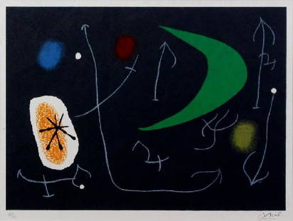 MIRO, JOAN, Spanish 1893-1983,: Title: "Le Lezard aux Plumes d'or" plate VIII,, lithograph printed in colors on Japon paper,, 19 71, signed by the artist in pencil,, numbered from the Roman numeral edition of 20, (total numbered edi