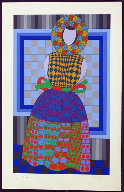 VASARELY, VICTOR, Hungarian 1908-1907,: Title: (Woman in Bonnet),, screenprint in colors,, c. 1980, signed by the artist, numbered 127/250, , , Size info: ,sheet: 31 by 19 3/4 in. (79 x 50 cm.) , , Framing: Sold unframed,