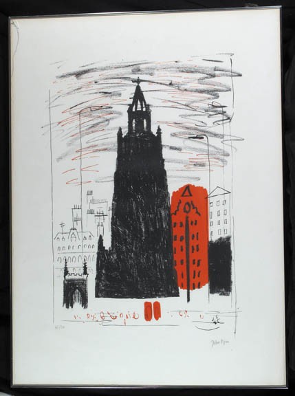 PIPER, JOHN, British 1903-1992,: Title: "St Nicholas, Liverpool: smoke-black dockland church" from the series "A Retrospect of Churches" portfolio of 24 lithographs, lithograph in colors,,c. 1965, signed by the artist in pencil, numb