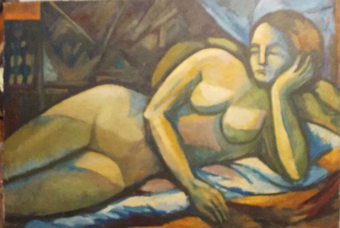 Garabuczi, Agnes,Hungry b. 1936?: (Reclining Modernist Nude), oil on canvas c. 1970 signed indistinctly 'Gol...?" Additional and larger photos and more information may often be available in our main site catalog. Size info: 27 1/2 by 