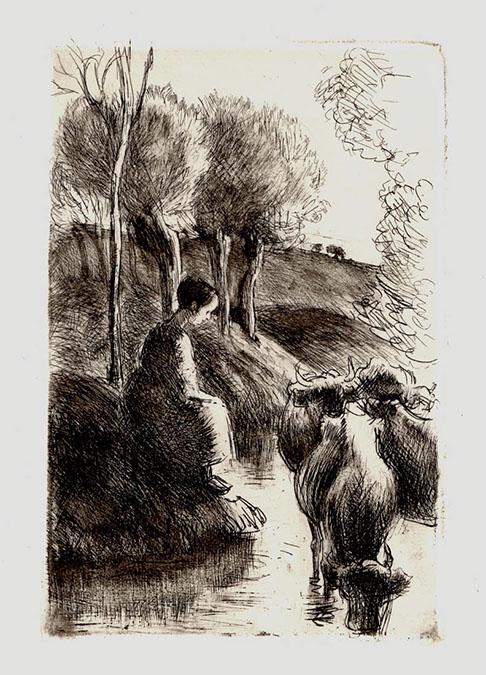 Pissarro, Camile, Danish/French 1830-1903: Vachère au Bord de l'Eau, etching and drypoint on cream laid paper 1890 Published by the Gazette des Beaux-Arts, Paris. the eighth, final state. Additional and larger photos and more information