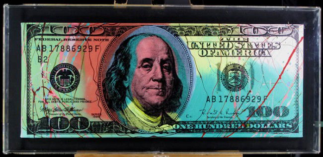 KAUFMAN, STEVE, American 1960-2010,: "New Hundred Dollar Bill State I" hand embellished silkscreen on canvas,, 1996, signed on the canvas verso with the initials as customary "SAK",, from an edition of around 150, , Condition:In fine con