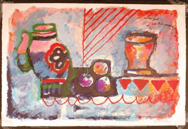 TOBIASSE, THEO, Israeli b. 1927,: Title: "Nature Mort", , lithograph printed in colors, , c 1980, signed in pencil,, numbered 273/300,, , , Size info: ,sheet: 23 3/4 inx35 3/4 . (605 x 905 mm) , , Framing: Sold