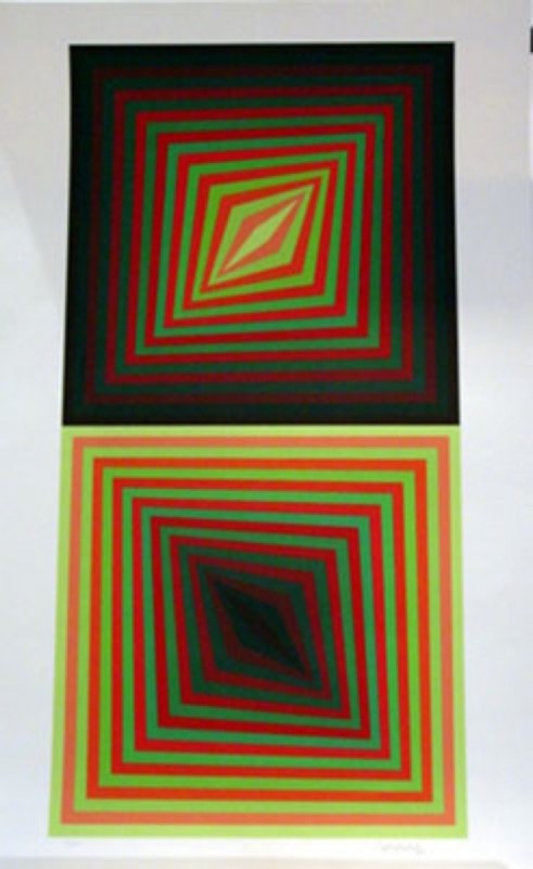 VASARELY, VICTOR, Hungarian 1908-1907,: Title: "Usteok", screenprint in colors,, c. 1984, signed by the artist, from the edition of 250, , , Size info: ,sheet: 40 x 25 in. (102 x 63.5 cm.) , , Framing: No, ,