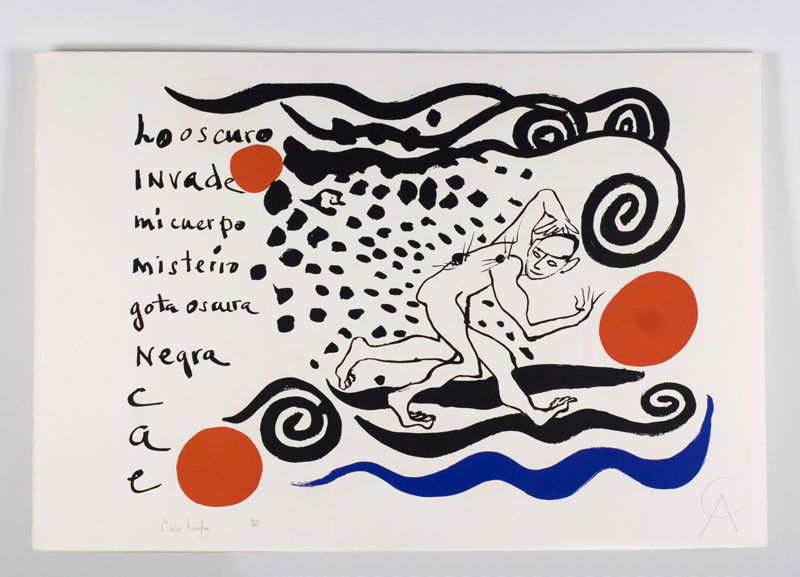 CALDER, ALEXANDER AND FRANQUI, CARLOS, Americ: Title: "LO OSCURO INVADE", Color Lithograph, 1970, signed in pencil lower right, with the unique monogram sometimes used by the Calder, and in pencil by Franqui, lower left, Numbered Lower Left 267/50