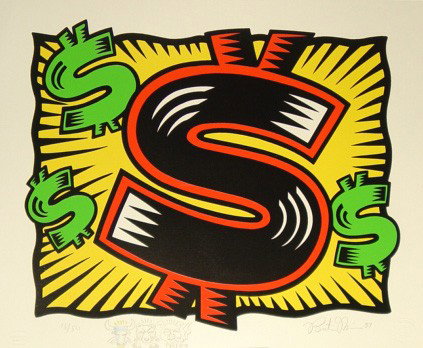 MORRIS, BURTON, American b. 1964 ,: Title: Dollar Sign from Heard on The Street Suite, Screenprint with additional drawing, 1997, Hand signed, 14/50, 1997 Screened Images Inc. Avalon Publishing Group, , Size info: ,sheet: 14 x 17 in.
