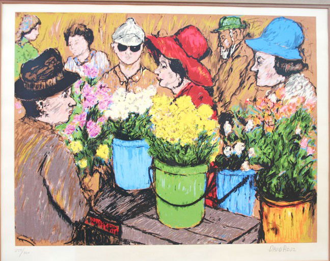 AZUZ, DAVID, Israeli b. 1942,: Title: "Market", serigraph printed in colors,, c 1990, signed in pencil by the artist, numbered 255/300, , , Size info: ,sheet: 24 1/2 by 30 in. (63 x 77.8 cm.) , , Framing: Framed, but u
