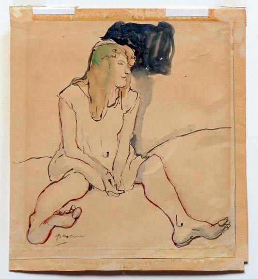 PASCIN, JULES, Bulgaria/USA/France 1885-1930,: Title: "Girl with Bare Feet on a Bed",, watercolor and wash on paper, c. 1912, signed in black wash lower right , , , , Size info: ,sheet: 9 1/2 by 8 1/2 in. (24 x 22 cm.) , , Framing: