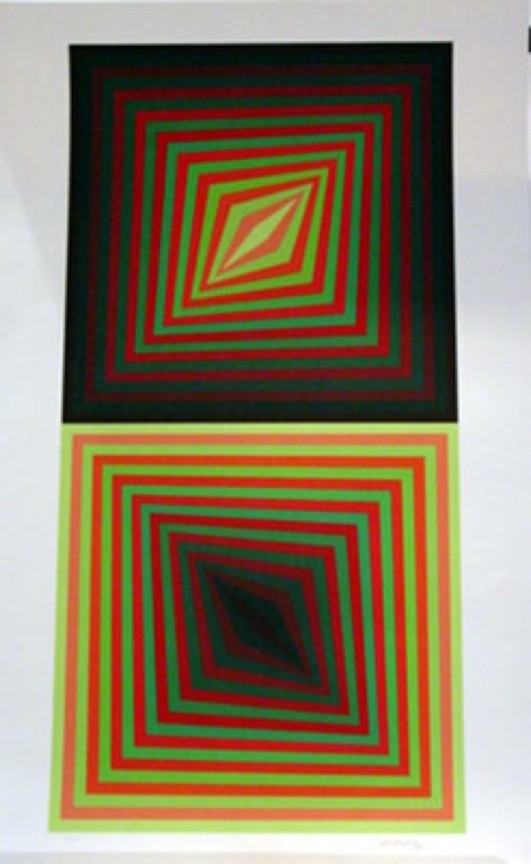 VASARELY, VICTOR, Hungarian 1908-1907,: Title: "Usteok", screenprint in colors,, c. 1984, signed by the artist, numbered from the edition of 250, , , Size info: ,sheet: 40 x 25 in. (102 x 63.5 cm.) , , Framing: Framed in acco