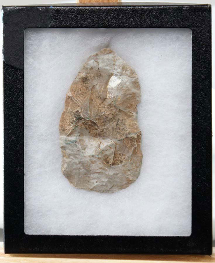 ANCIENT STONE TOOLS, ,: Title: stone tool, described on a label as Cooper County, Miss. , , , , , , , Size info: 3 1/2 in. (9 cm.), , , Framing: , , Comments: Est. 1000-5000