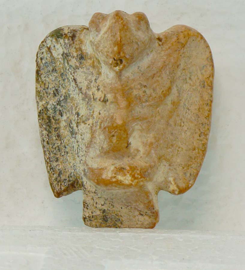 ANTIQUE CHINESE NEOLITHIC JADE, ,: Title: carved totem of seated bird with large wings, jade or jadestone, with hand tool drilled holes for cords to use for ornamental purposes,, , , , , , Size info: 2 in. (5.1 cm.), , ,